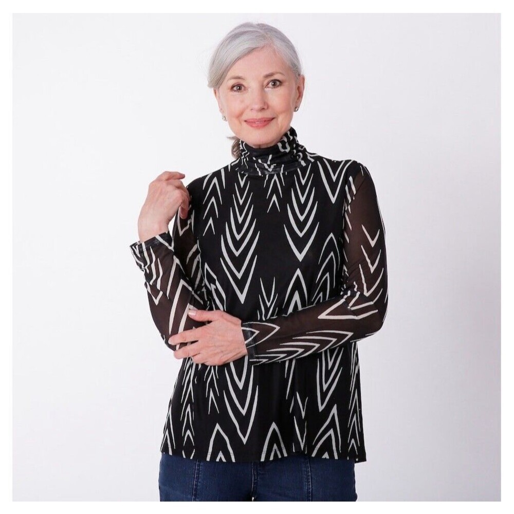 WYNNE LAYERS Sheer Mesh Blouse Womens 1X Black White Chevron Mock Neck